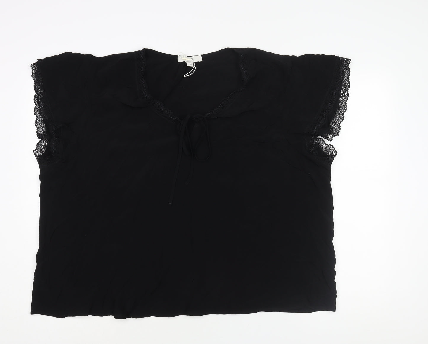 Marks and Spencer Womens Black Viscose Basic Blouse Size 24 V-Neck - Lace Trim Detail