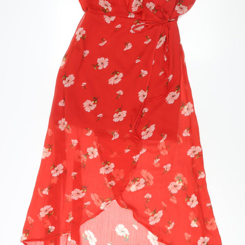 Missguided Womens Red Floral Polyester Wrap Dress Size 10 V-Neck Button - Semi Sheer Frill