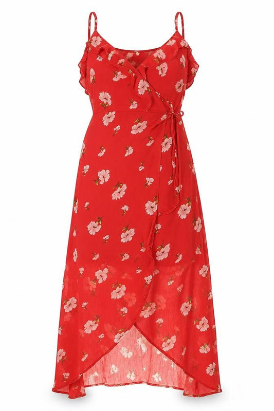 Front view of Missguided women’s red floral polyester wrap dress, size UK 10, v-neck button - semi sheer frill