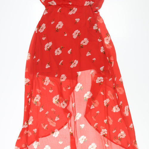 Missguided Womens Red Floral Polyester Wrap Dress Size 10 V-Neck Button - Semi Sheer Frill