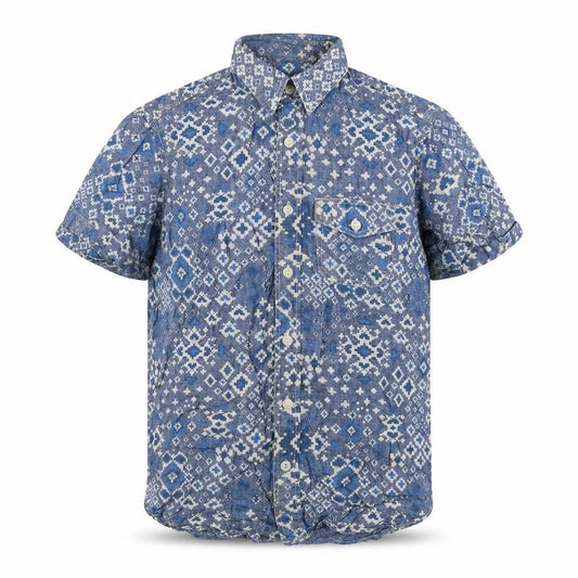 Front view of Gap men’s blue geometric cotton button-up, size XS, collared button