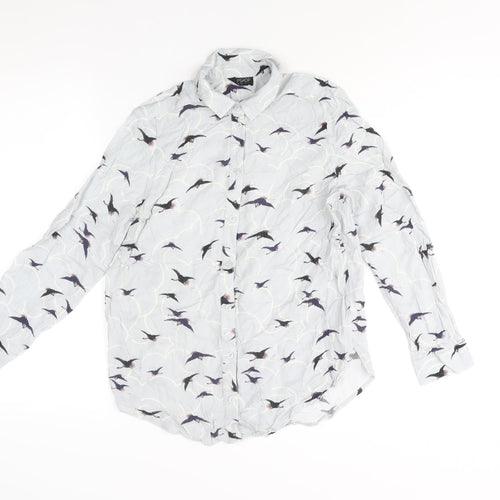 Topshop Womens Blue Geometric Viscose Basic Button-Up Size 6 Collared - Bird Print