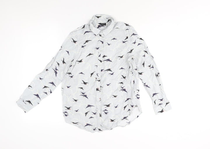 Topshop Womens Blue Geometric Viscose Basic Button-Up Size 6 Collared - Bird Print