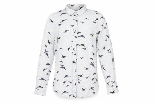 Front view of Topshop women’s blue geometric viscose basic button-up, size UK 6, collared - bird print