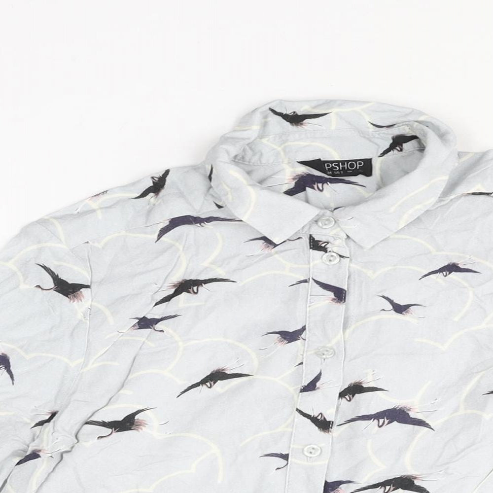 Topshop Womens Blue Geometric Viscose Basic Button-Up Size 6 Collared - Bird Print