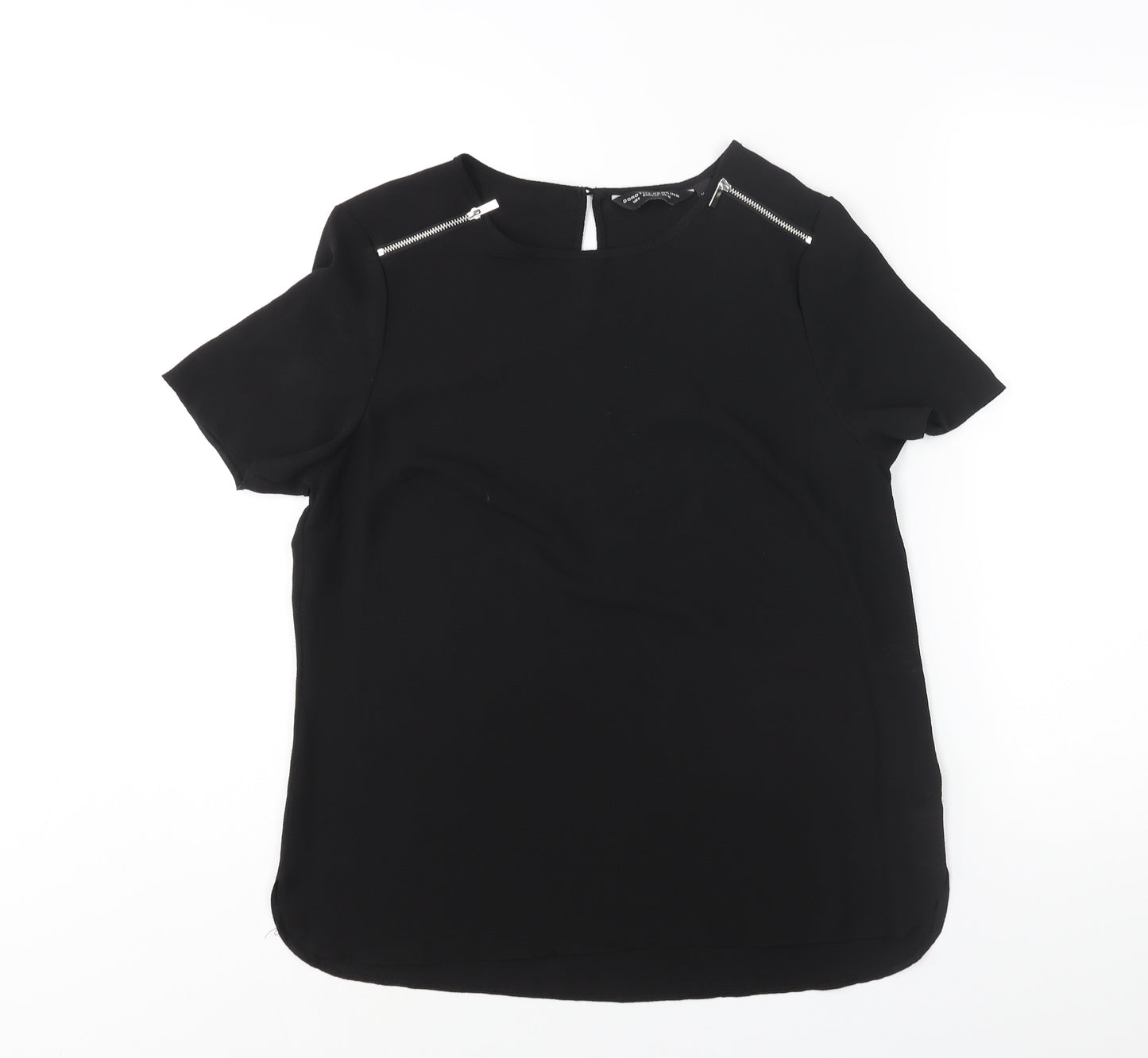 Dorothy Perkins Womens Black Polyester Basic Blouse Size 12 Round Neck - Zip Detail