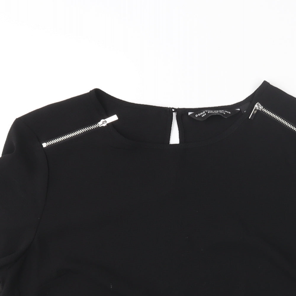 Dorothy Perkins Womens Black Polyester Basic Blouse Size 12 Round Neck - Zip Detail