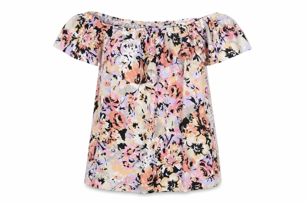 Front view of Classics women’s multicoloured floral polyester basic blouse, size UK 18, boat neck - frill
