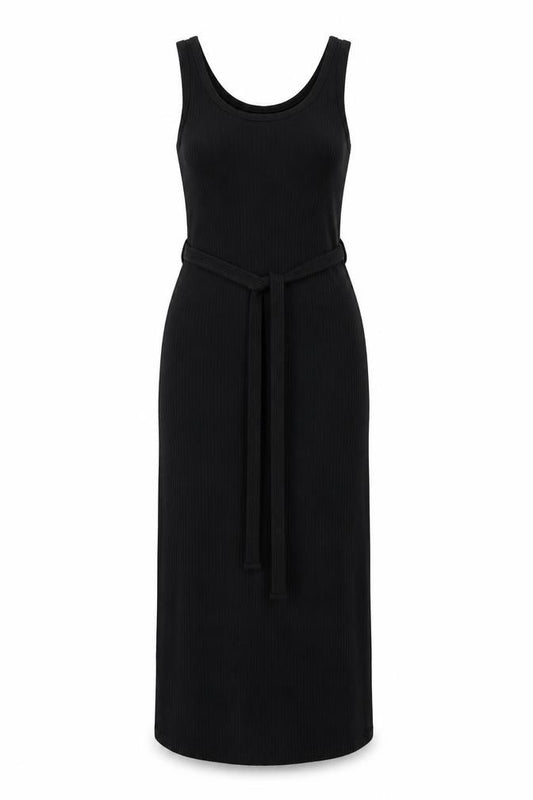 Front view of Topshop women’s black polyester tank dress, size UK 10, scoop neck pullover - belted