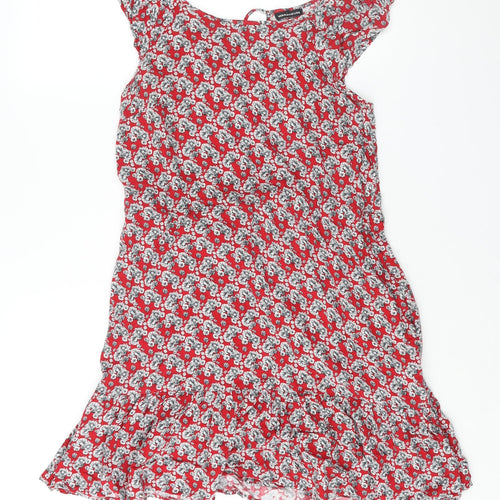 Warehouse Womens Red Floral Viscose A-Line Size 14 Round Neck Tie