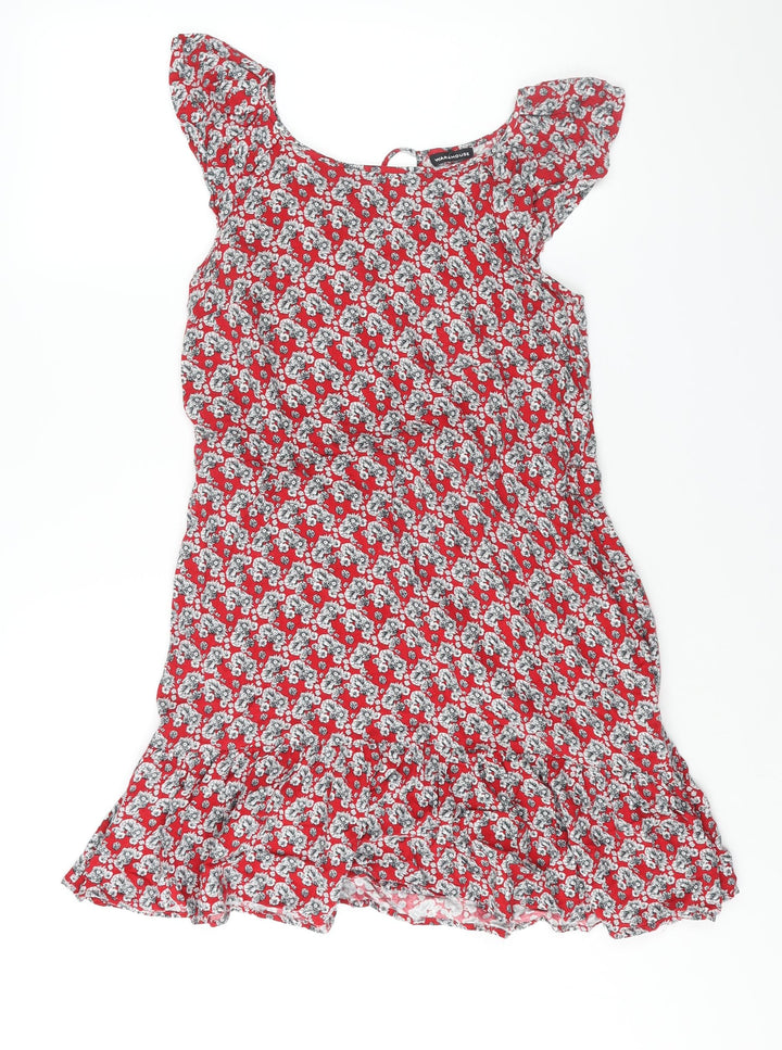 Warehouse Womens Red Floral Viscose A-Line Size 14 Round Neck Tie
