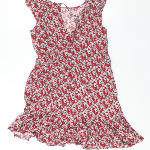 Warehouse Womens Red Floral Viscose A-Line Size 14 Round Neck Tie