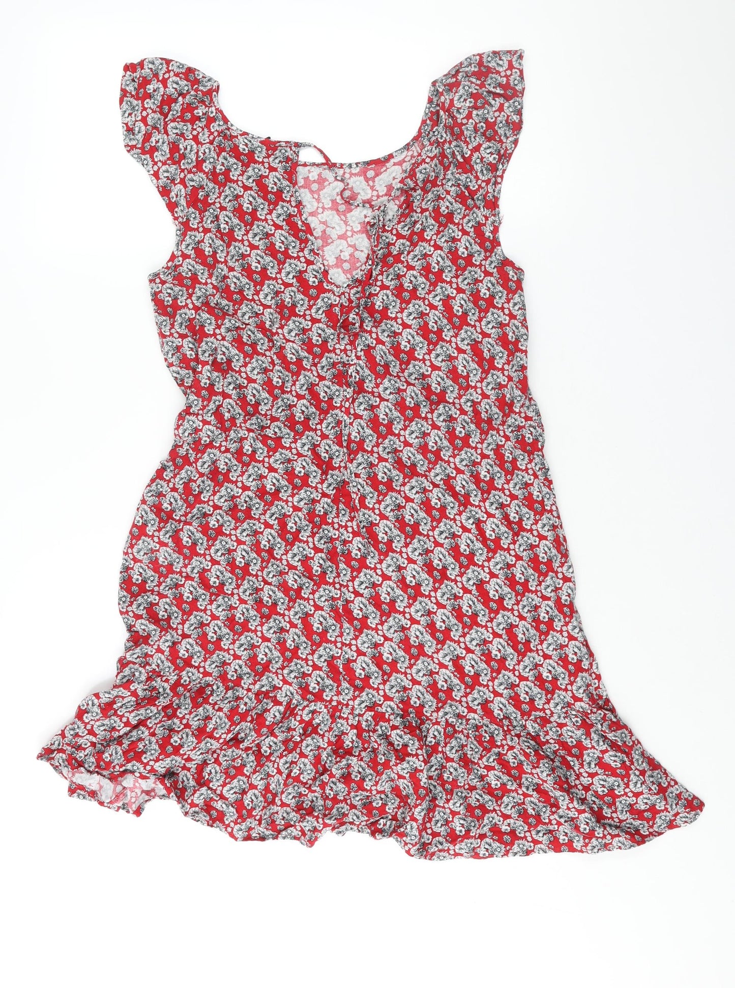 Warehouse Womens Red Floral Viscose A-Line Size 14 Round Neck Tie