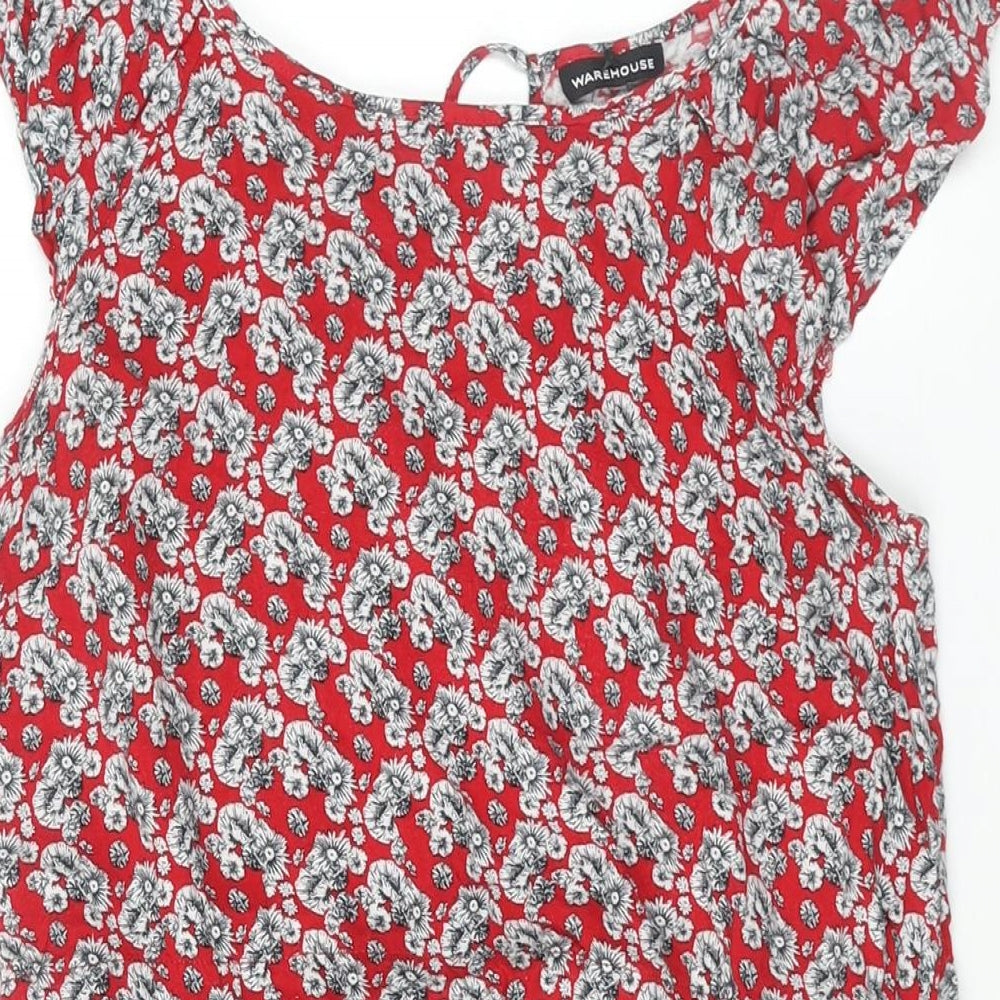 Warehouse Womens Red Floral Viscose A-Line Size 14 Round Neck Tie