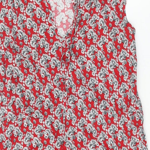 Warehouse Womens Red Floral Viscose A-Line Size 14 Round Neck Tie