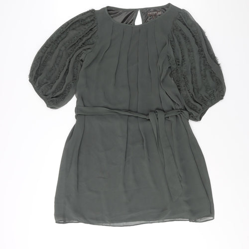 Fever Womens Green Polyester Shift Size 12 Round Neck Button - Frill Sleeve Belted