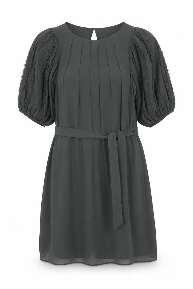 Front view of Fever women’s green polyester shift, size UK 12, round neck button - frill sleeve belted