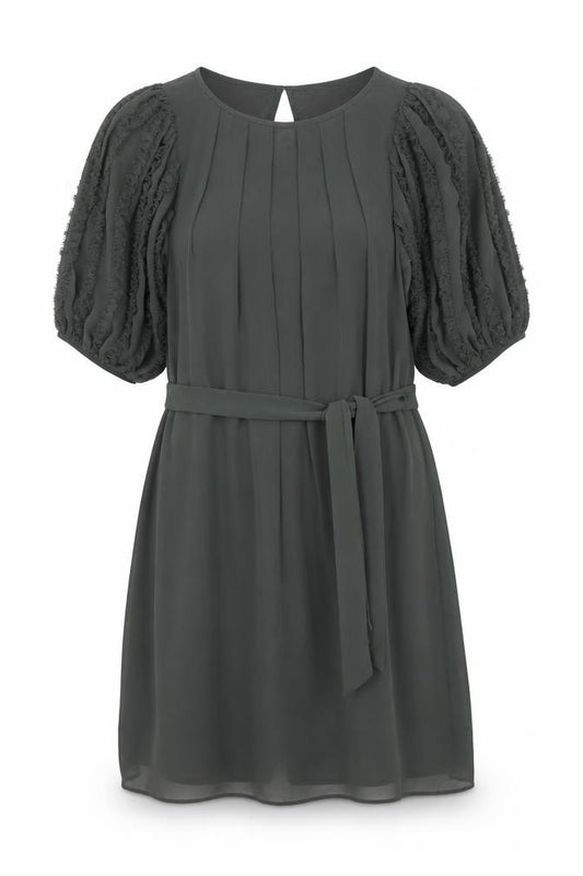Front view of Fever women’s green polyester shift, size UK 12, round neck button - frill sleeve belted