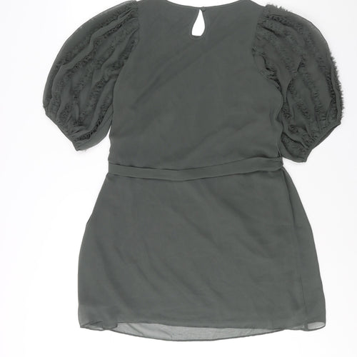 Fever Womens Green Polyester Shift Size 12 Round Neck Button - Frill Sleeve Belted