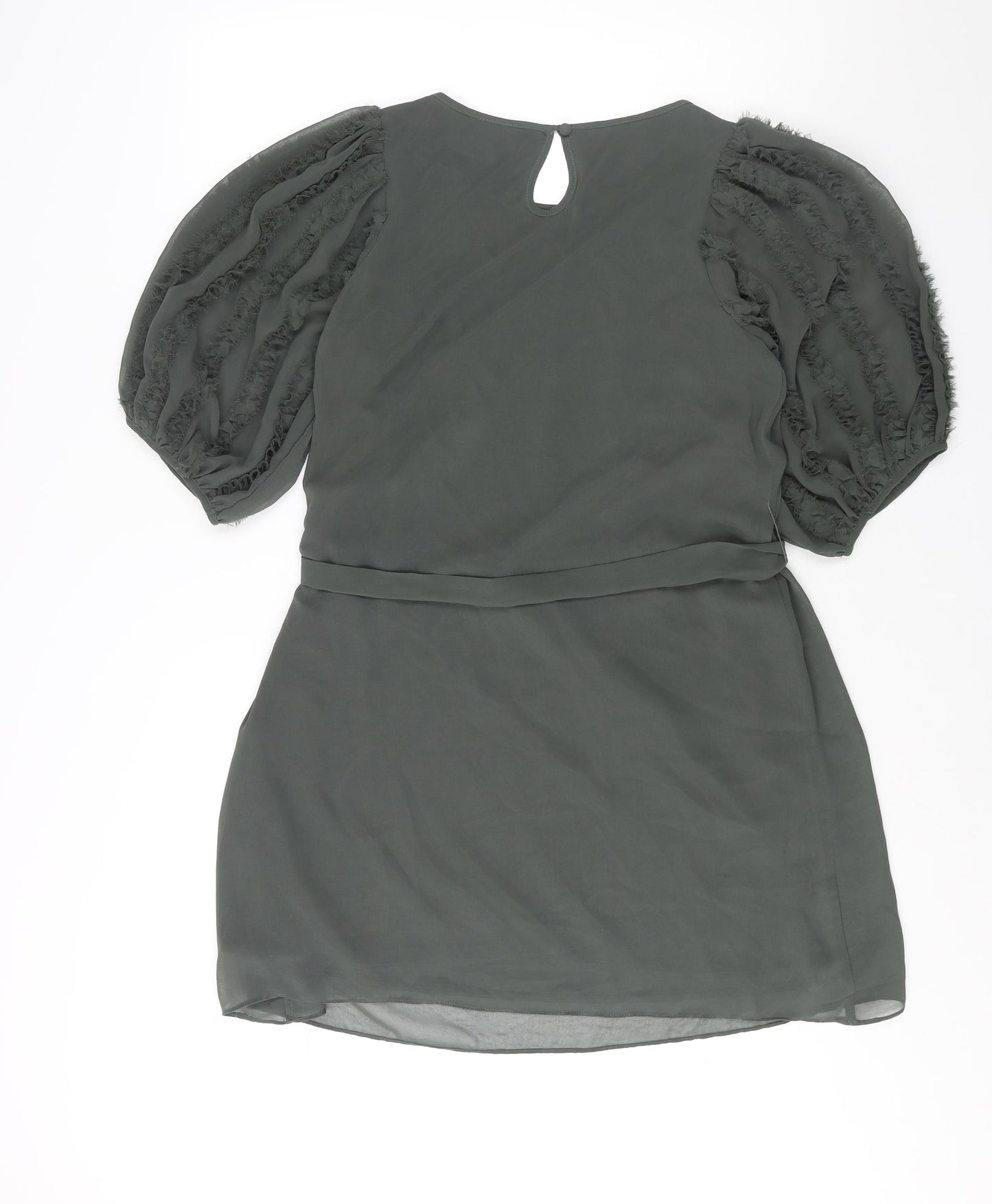 Fever Womens Green Polyester Shift Size 12 Round Neck Button - Frill Sleeve Belted