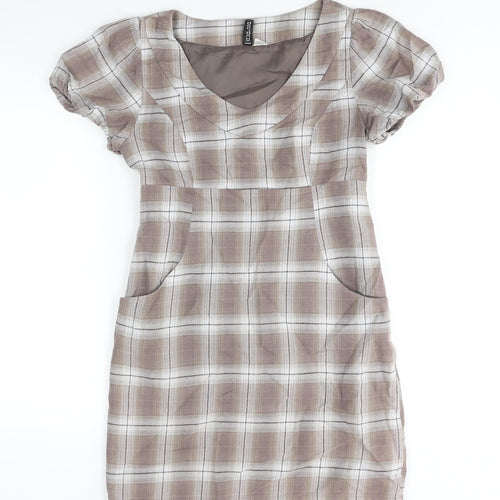 Divided by H&M Womens Brown Check Cotton Mini Size 8 V-Neck Zip