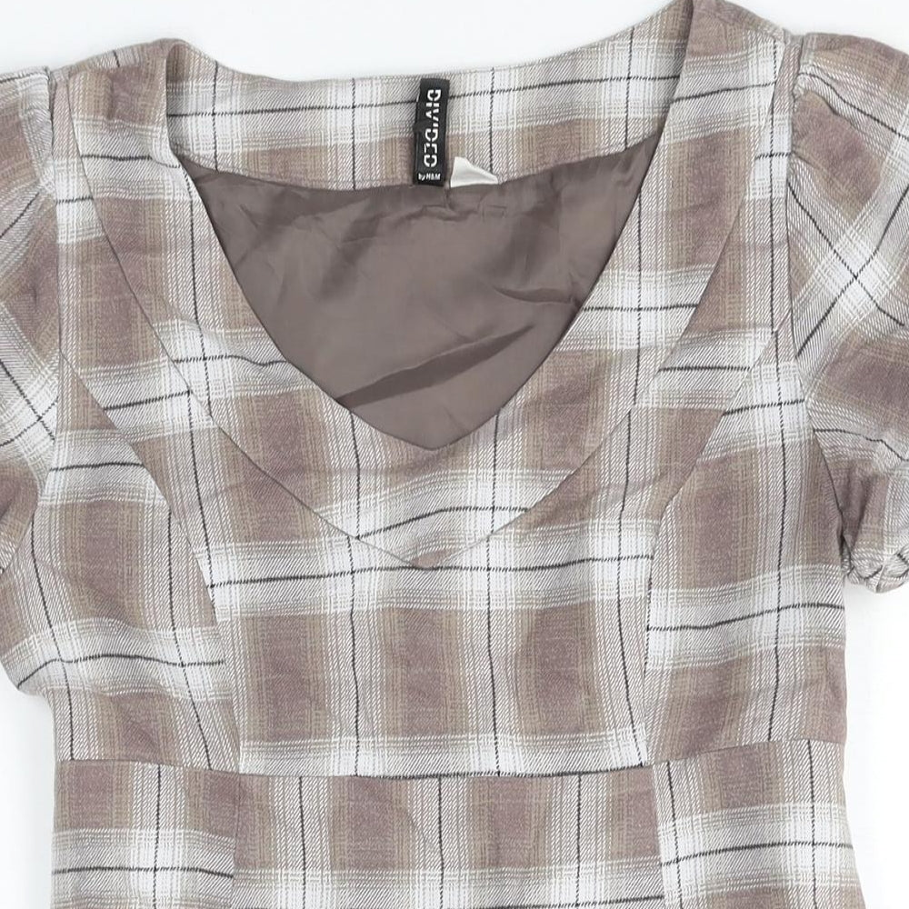 Divided by H&M Womens Brown Check Cotton Mini Size 8 V-Neck Zip