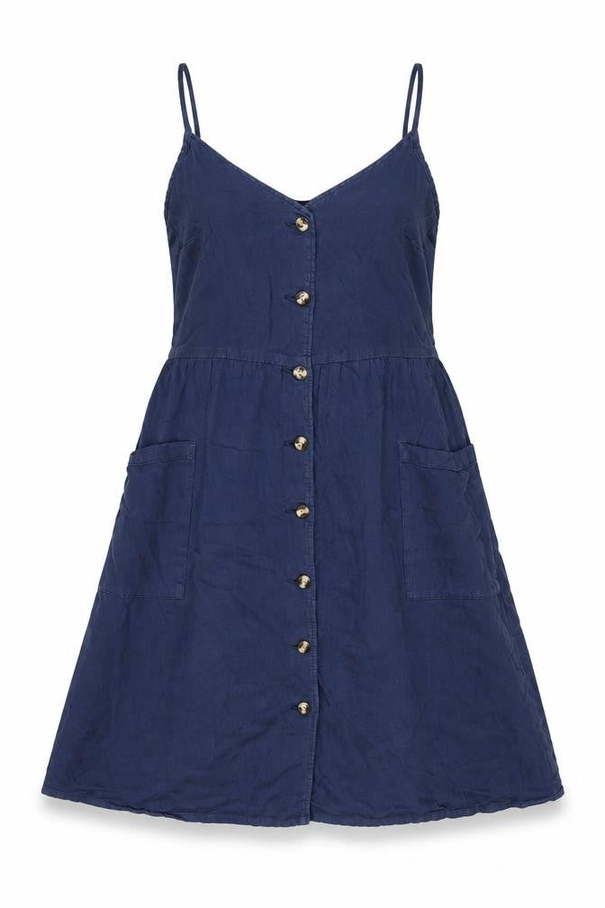 Front view of Monki women’s black cotton a-line, size UK 12, v-neck button