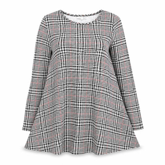 Front view of Glamorous women’s black houndstooth polyester a-line, size UK 12, round neck pullover
