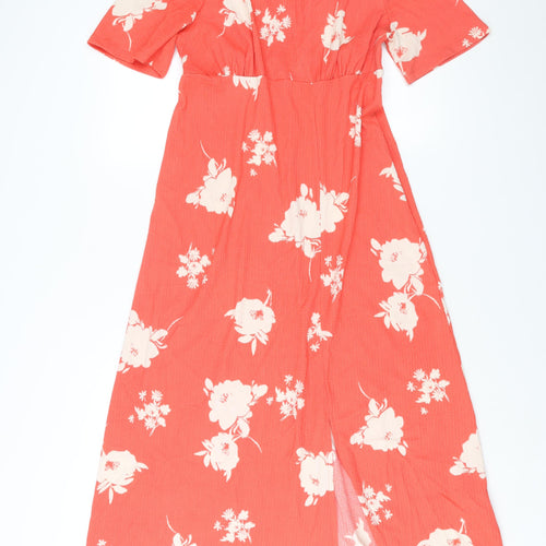 New Look Womens Red Floral Polyester A-Line Size 10 Round Neck Button
