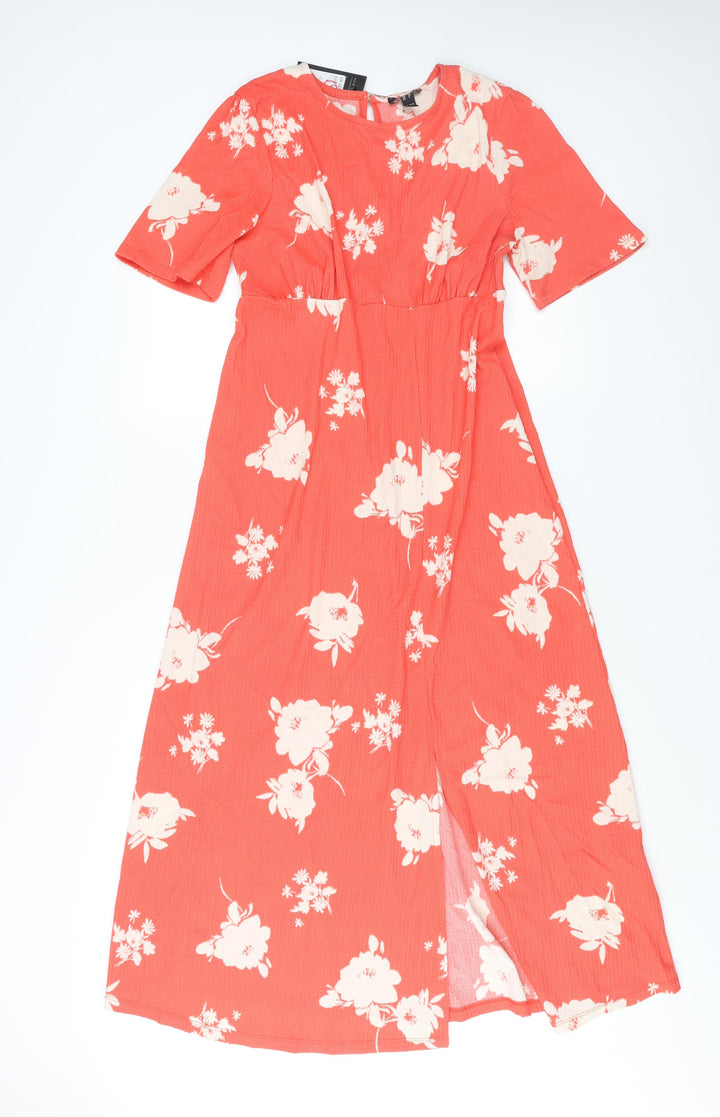 New Look Womens Red Floral Polyester A-Line Size 10 Round Neck Button