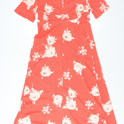 New Look Womens Red Floral Polyester A-Line Size 10 Round Neck Button