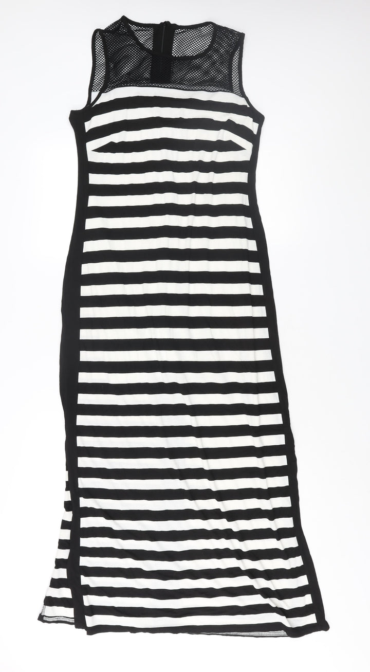 Roman Womens Black Striped Polyester Maxi Size 10 Round Neck Zip - Fishnet Detail