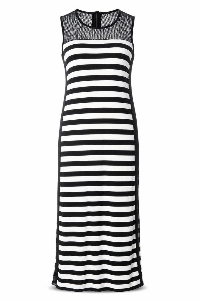Roman Womens Black Striped Polyester Maxi Size 10 Round Neck Zip - Fishnet Detail