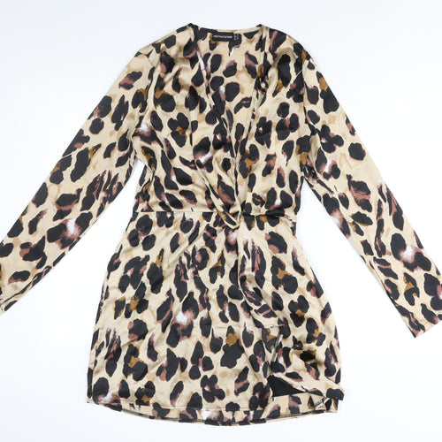 PRETTYLITTLETHING Womens Beige Animal Print Polyester Shift Size 10 V-Neck Zip - Leopard Print