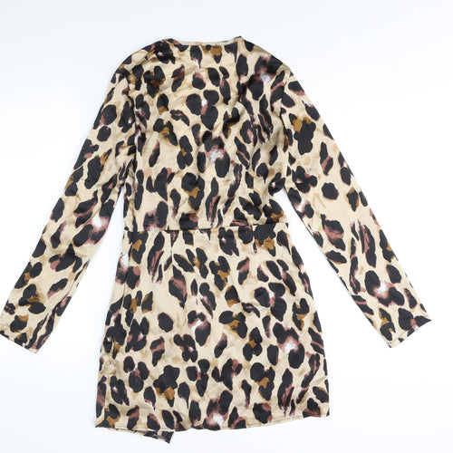 PRETTYLITTLETHING Womens Beige Animal Print Polyester Shift Size 10 V-Neck Zip - Leopard Print