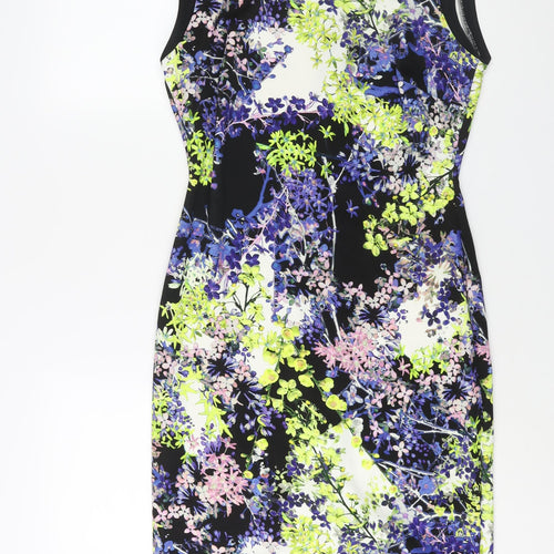 Marks and Spencer Womens Multicoloured Floral Polyester Pencil Dress Size 12 Round Neck Zip