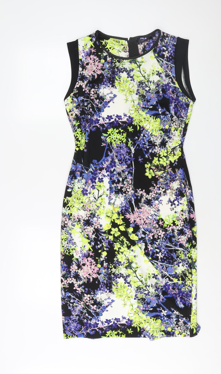 Marks and Spencer Womens Multicoloured Floral Polyester Pencil Dress Size 12 Round Neck Zip