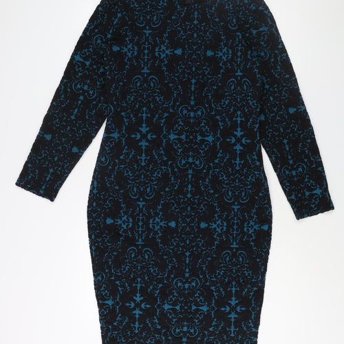 Arcadia Womens Blue Geometric Polyester Sheath Size 14 Round Neck Zip