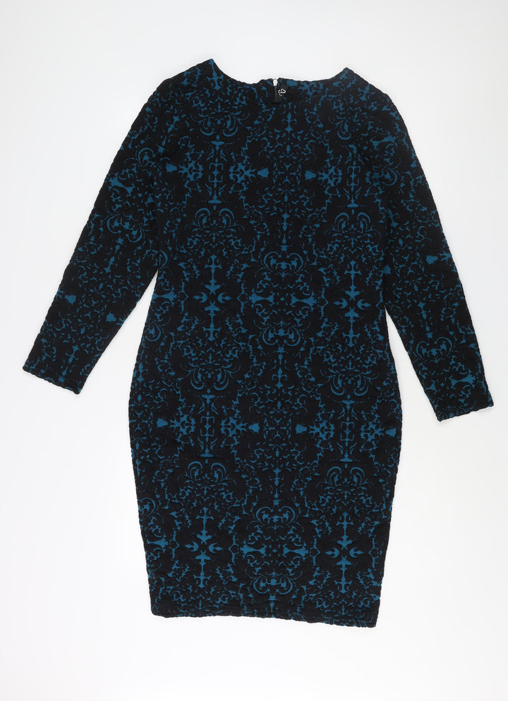Arcadia Womens Blue Geometric Polyester Sheath Size 14 Round Neck Zip