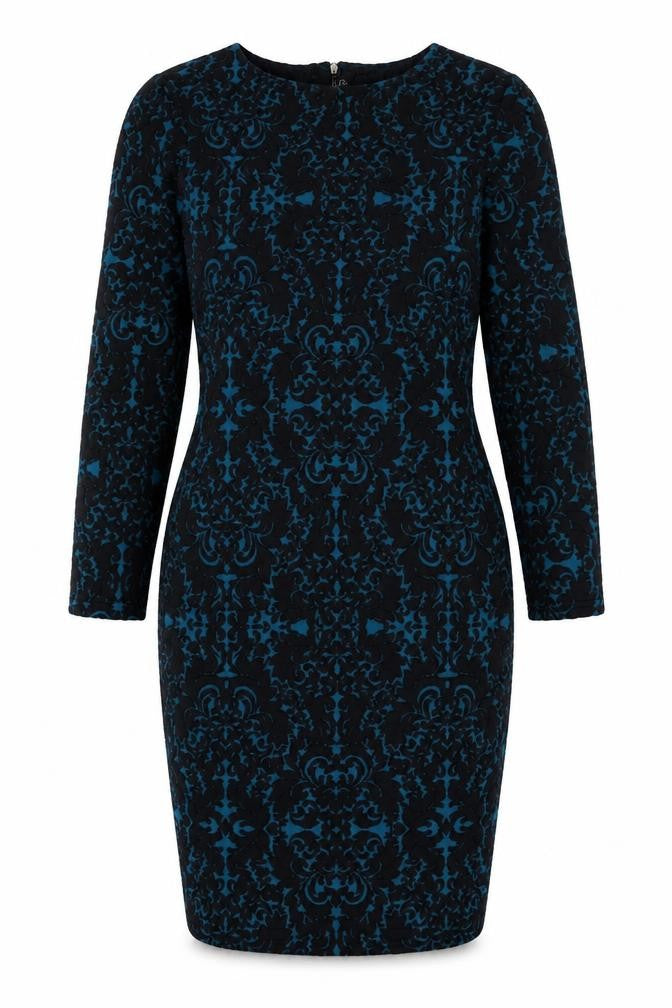 Front view of Arcadia women’s blue geometric polyester sheath, size UK 14, round neck zip