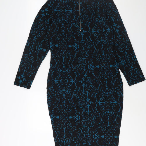 Arcadia Womens Blue Geometric Polyester Sheath Size 14 Round Neck Zip