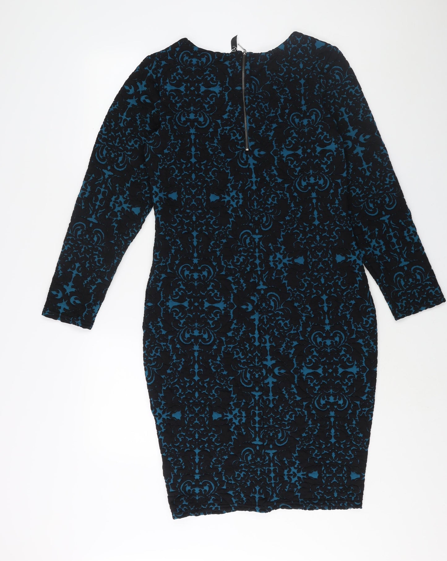 Arcadia Womens Blue Geometric Polyester Sheath Size 14 Round Neck Zip