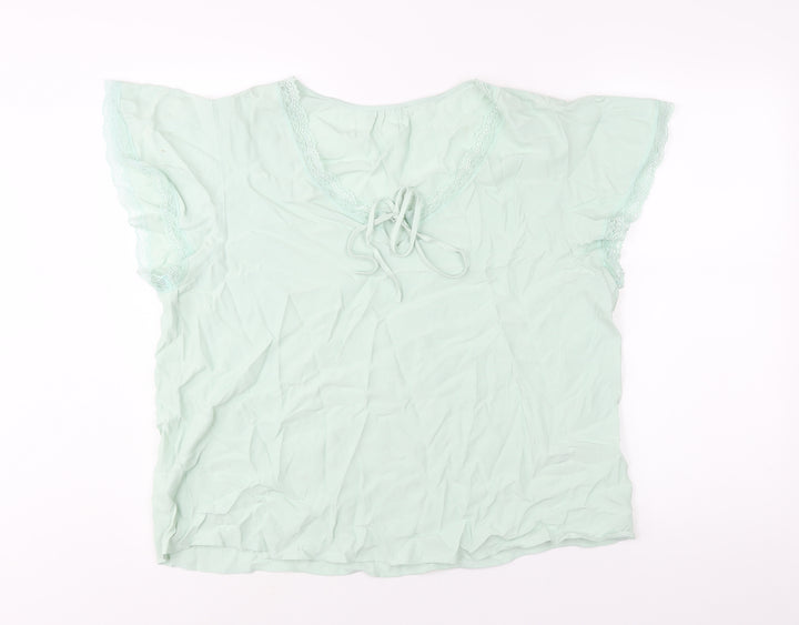 Marks and Spencer Womens Green Viscose Basic Blouse Size 16 V-Neck - Lace Trim