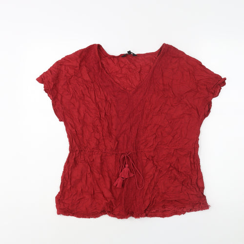 New Look Womens Red Cotton Basic Blouse Size 12 V-Neck - Raw Hem Drawstring Detail