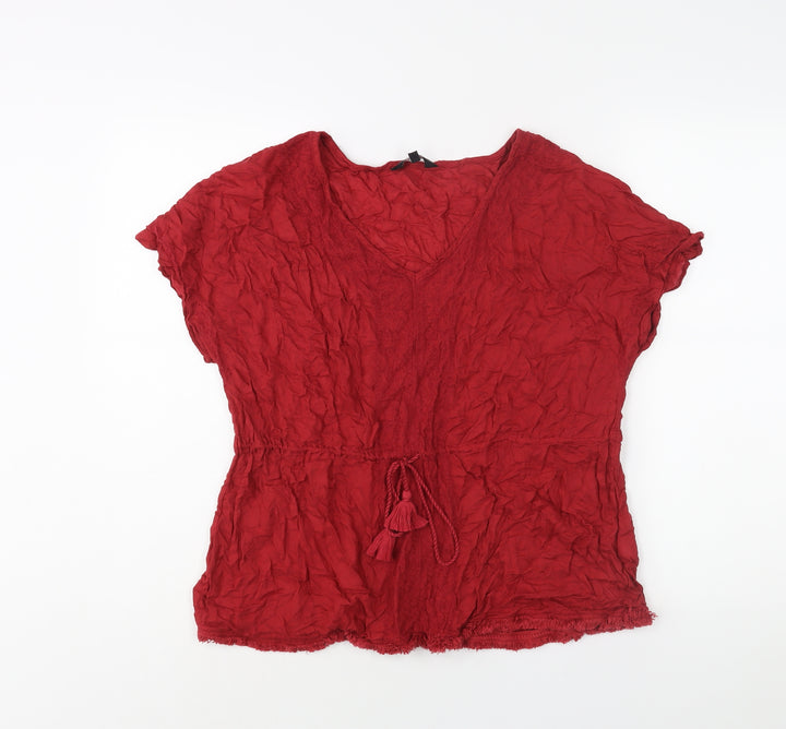 New Look Womens Red Cotton Basic Blouse Size 12 V-Neck - Raw Hem Drawstring Detail