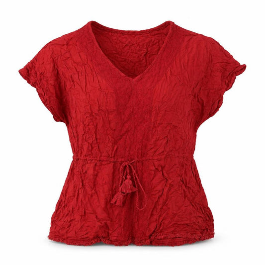 Front view of New Look women’s red cotton basic blouse, size UK 12, v-neck - raw hem drawstring detail