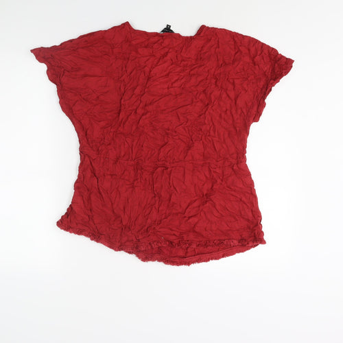New Look Womens Red Cotton Basic Blouse Size 12 V-Neck - Raw Hem Drawstring Detail