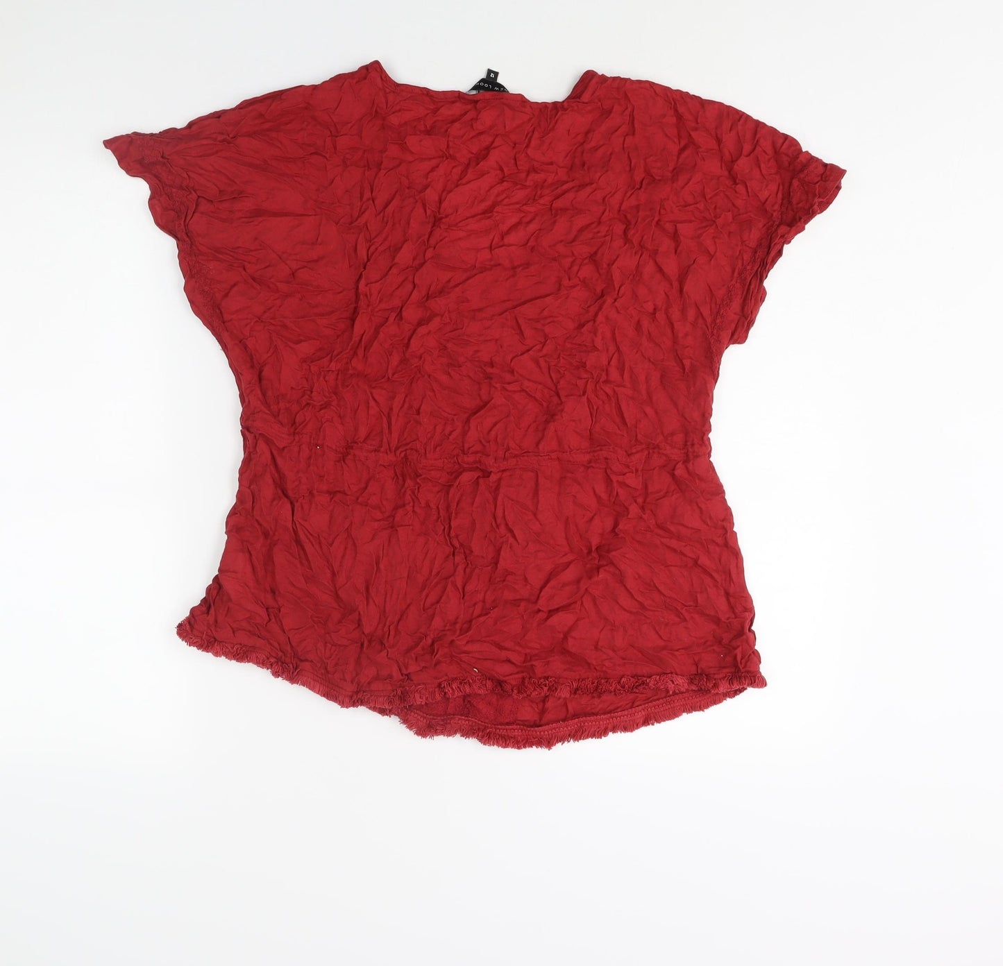 New Look Womens Red Cotton Basic Blouse Size 12 V-Neck - Raw Hem Drawstring Detail
