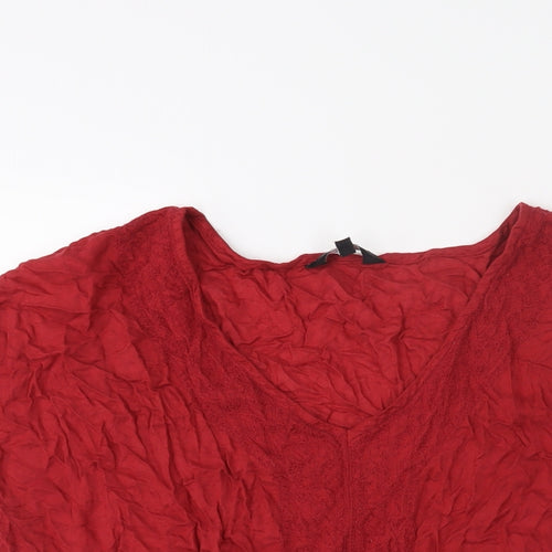 New Look Womens Red Cotton Basic Blouse Size 12 V-Neck - Raw Hem Drawstring Detail