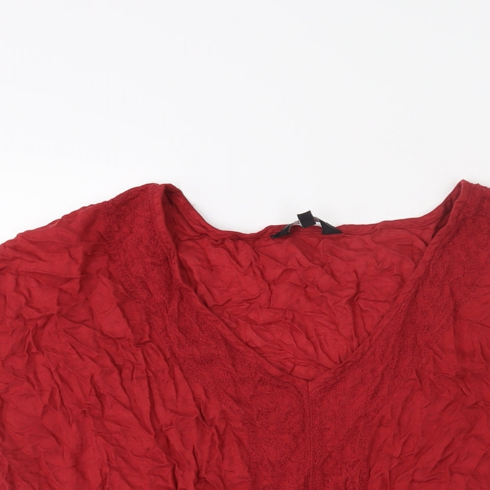New Look Womens Red Cotton Basic Blouse Size 12 V-Neck - Raw Hem Drawstring Detail